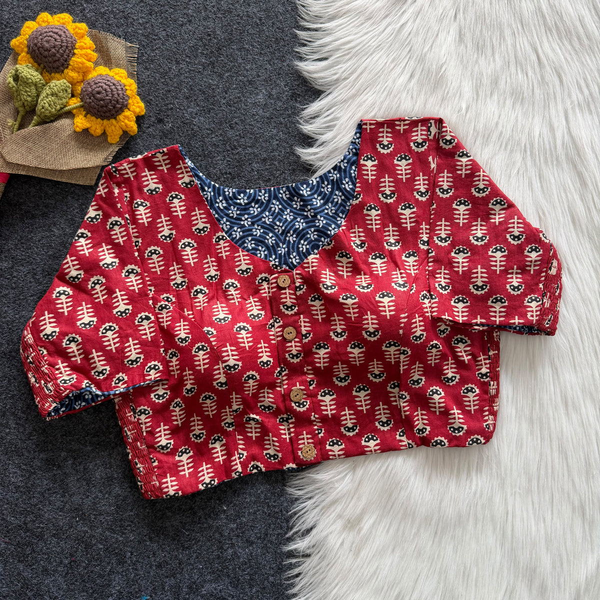 Regular Size Ajrakh Reversible Maslin Silk Readymade Side Elastic Blouses