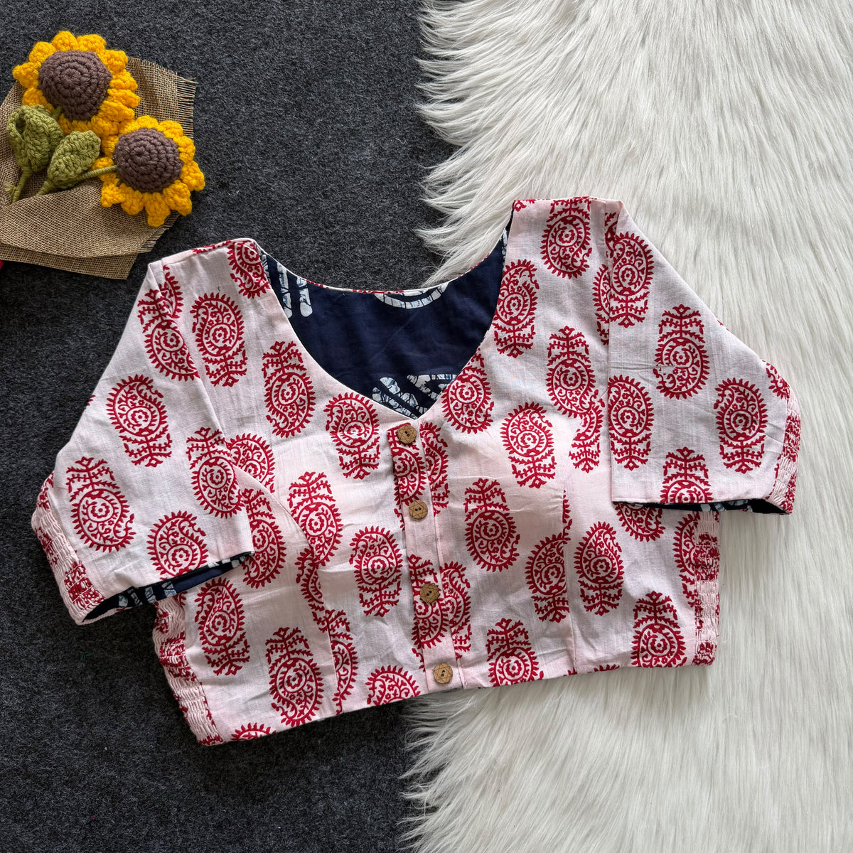 Regular Size Ajrakh Reversible Maslin Silk Readymade Side Elastic Blouses