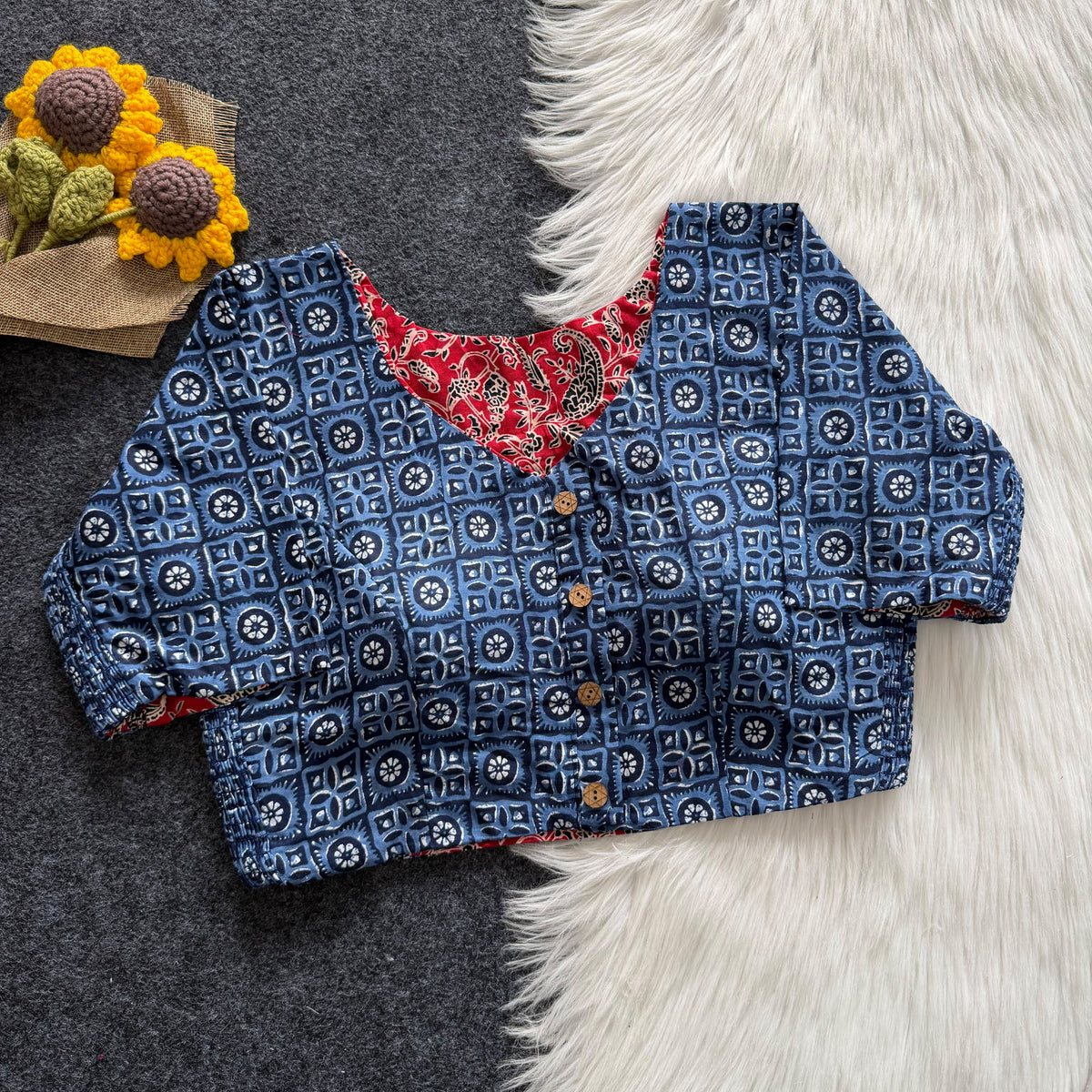 Regular Size Ajrakh Reversible Maslin Silk Readymade Side Elastic Blouses