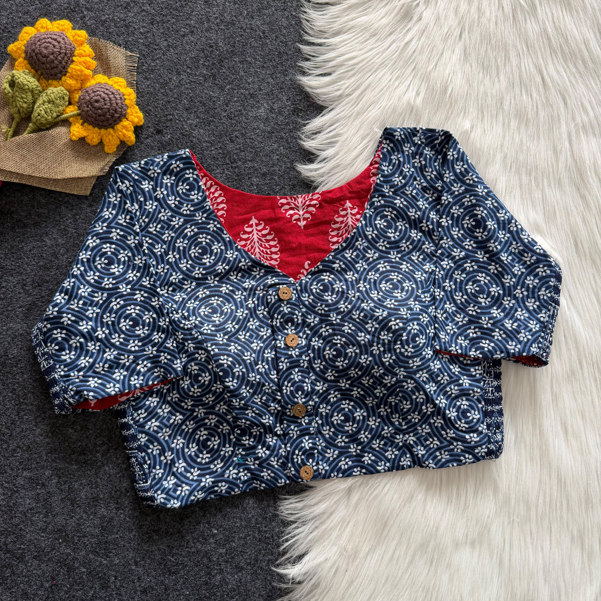 Regular Size Ajrakh Reversible Maslin Silk Readymade Side Elastic Blouses