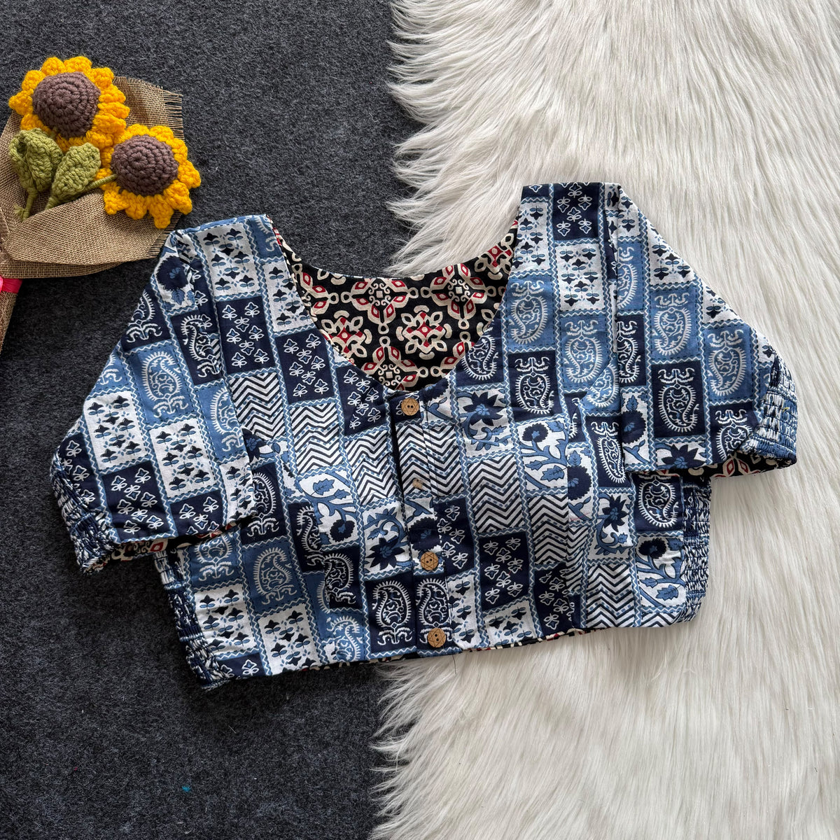 Regular Size Ajrakh Reversible Maslin Silk Readymade Side Elastic Blouses