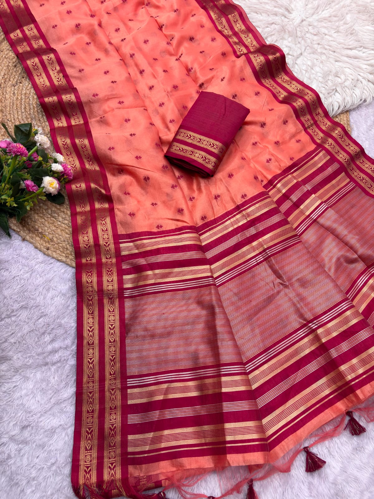 Semi Raw Silk Weaving Sarees with Double Borders