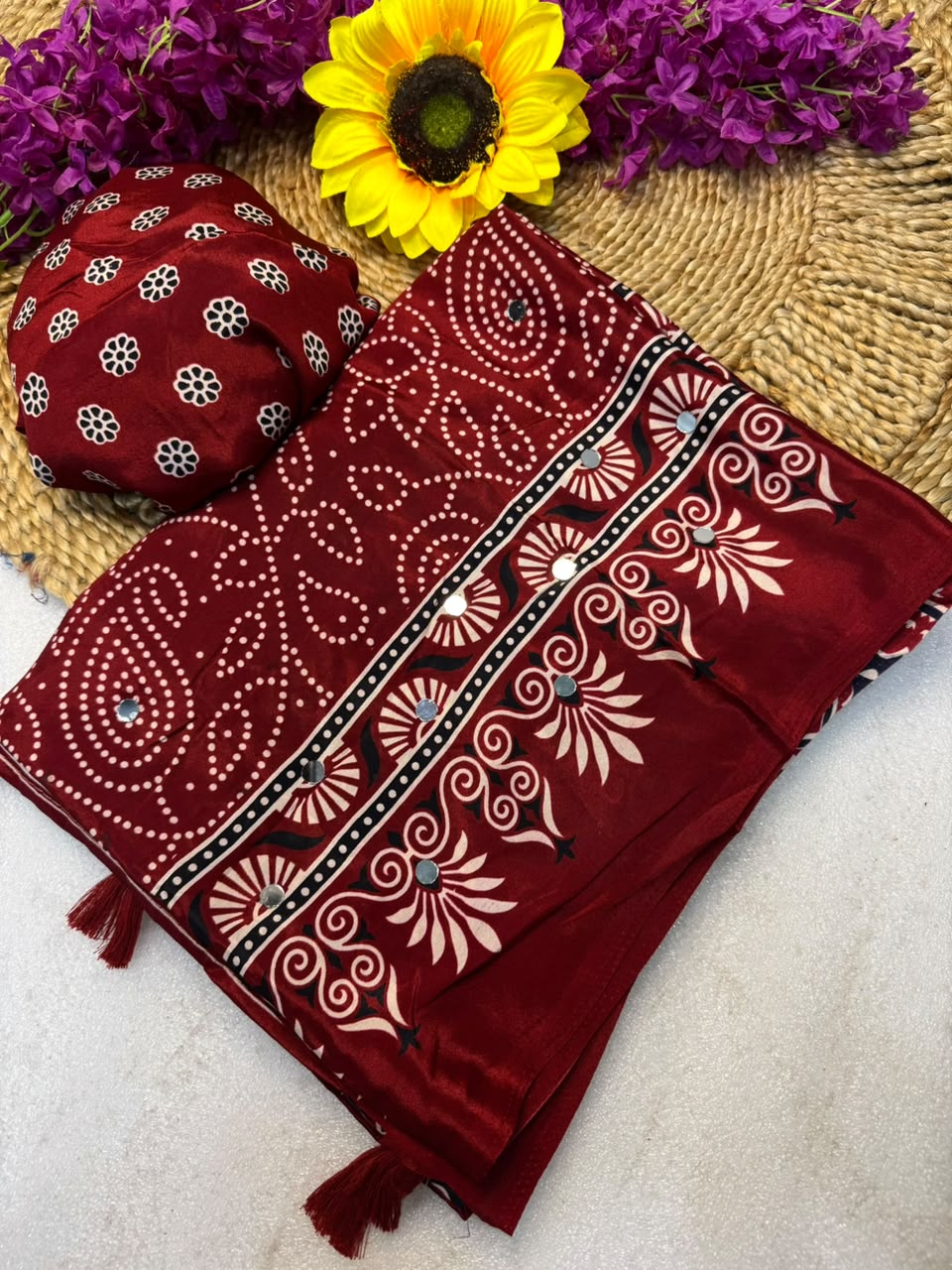 Crepe Silk Mirror Work Bandhini Saree