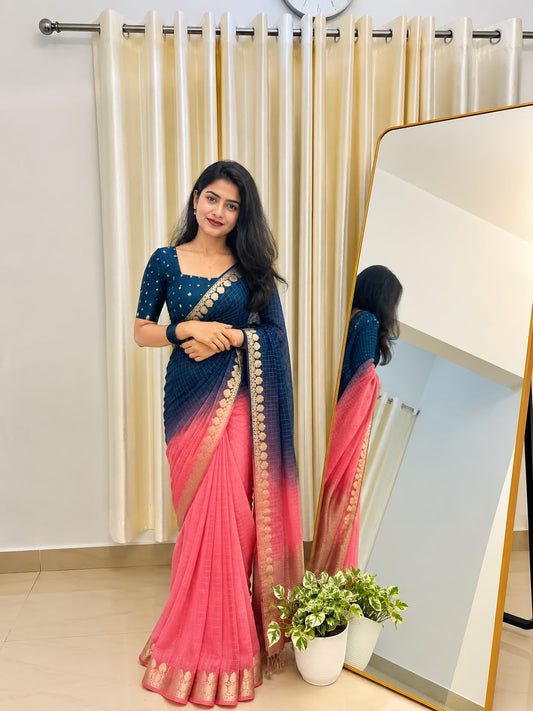 Viscose Georgette Zari Checked Saree with Viscose Zari Weaving Borders