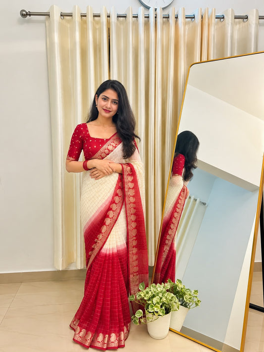Viscose Georgette Zari Checked Saree with Viscose Zari Weaving Borders