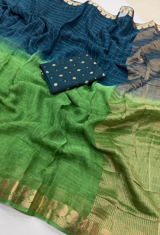 Viscose Georgette Zari Checked Saree with Viscose Zari Weaving Borders