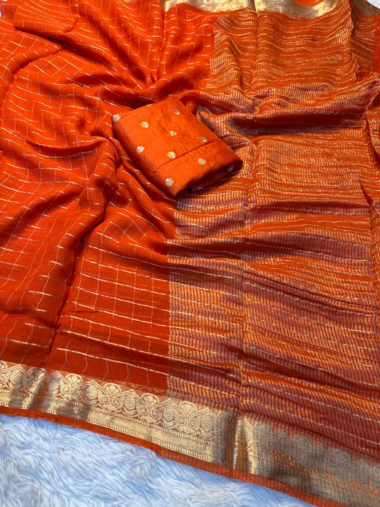Georgette Viscose Zari Checked Sarees with Viscose Zari Borders & Chit Pallu