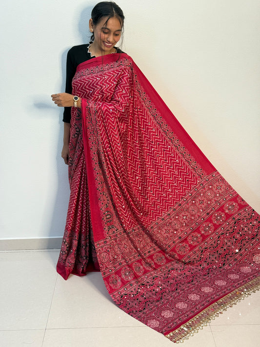 Ajrakh Crepe Silk Mirror Work Lehriya Sarees