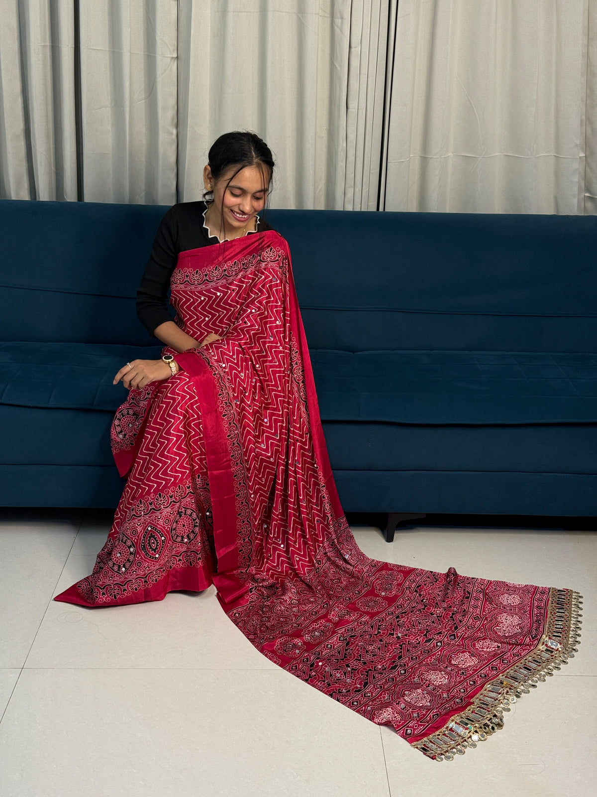 Ajrakh Crepe Silk Mirror Work Lehriya Sarees