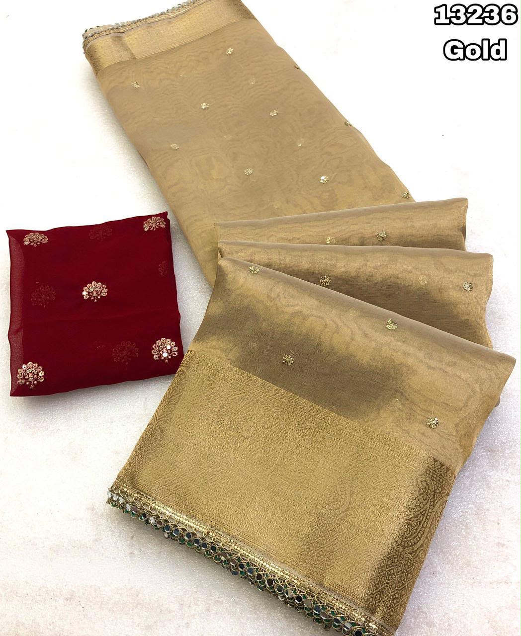 Tissue Silk Sarees with Sequin Bhutta & Contrast Designer Blouse