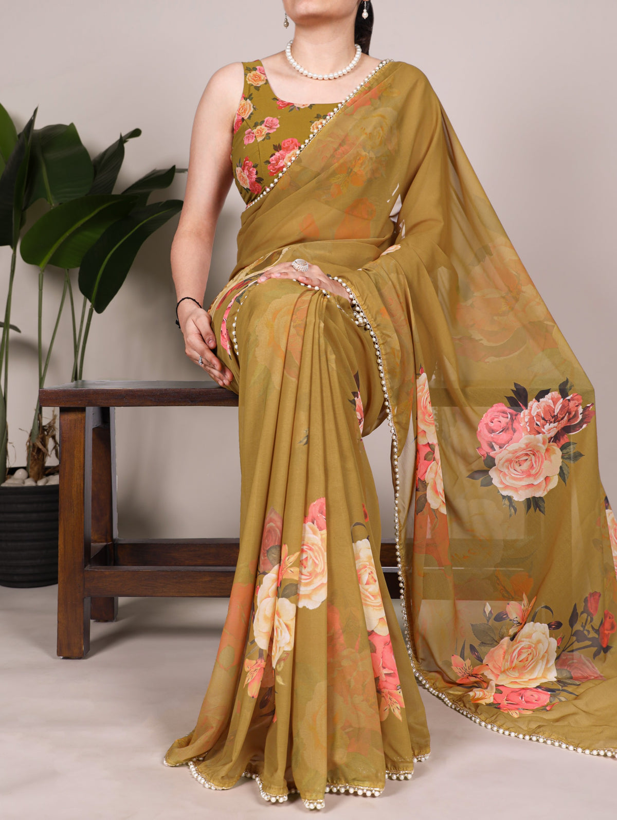 Georgette Floral Sarees with Pearl Lace Borders