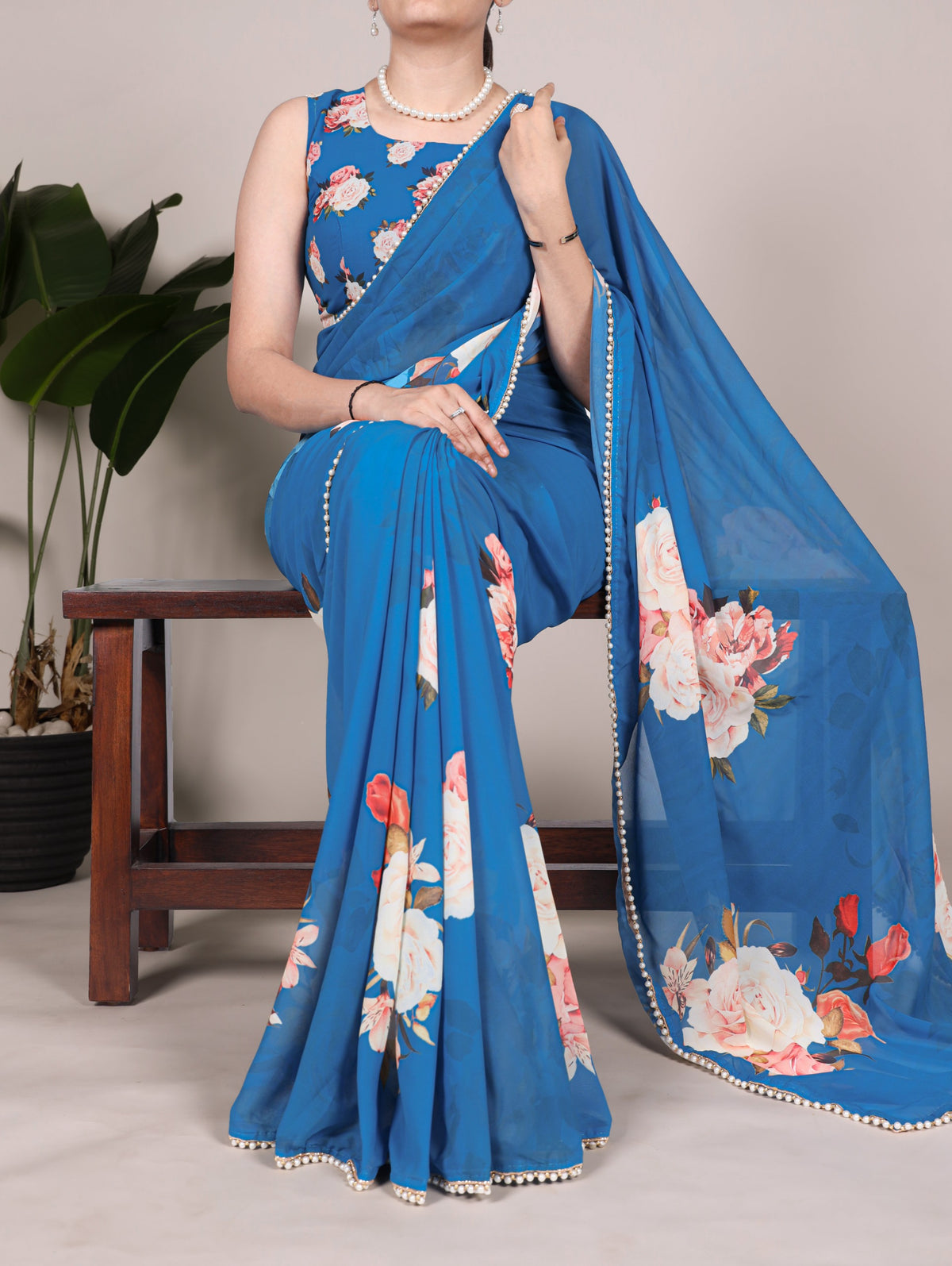 Georgette Floral Sarees with Pearl Lace Borders