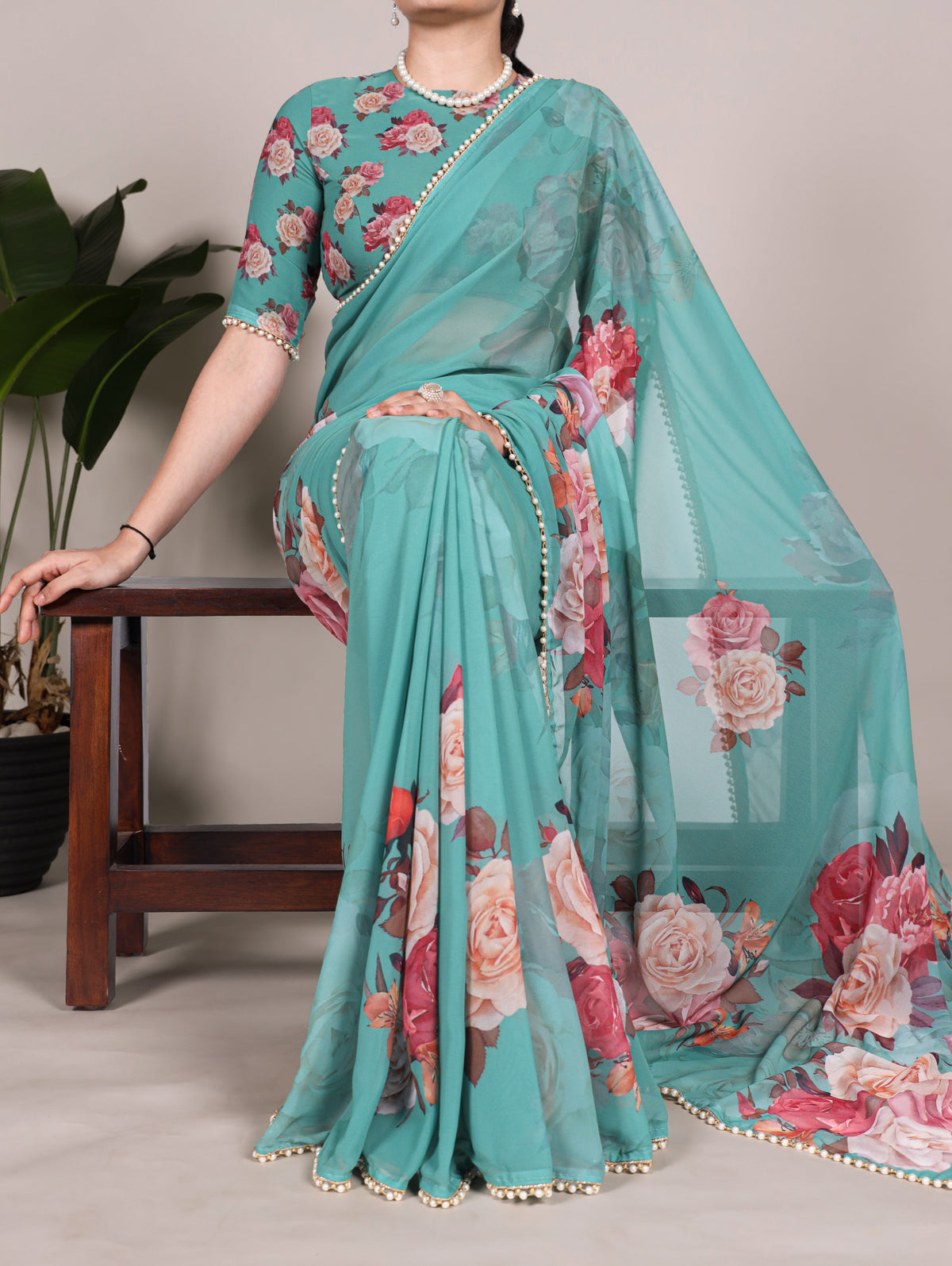 Georgette Floral Sarees with Pearl Lace Borders