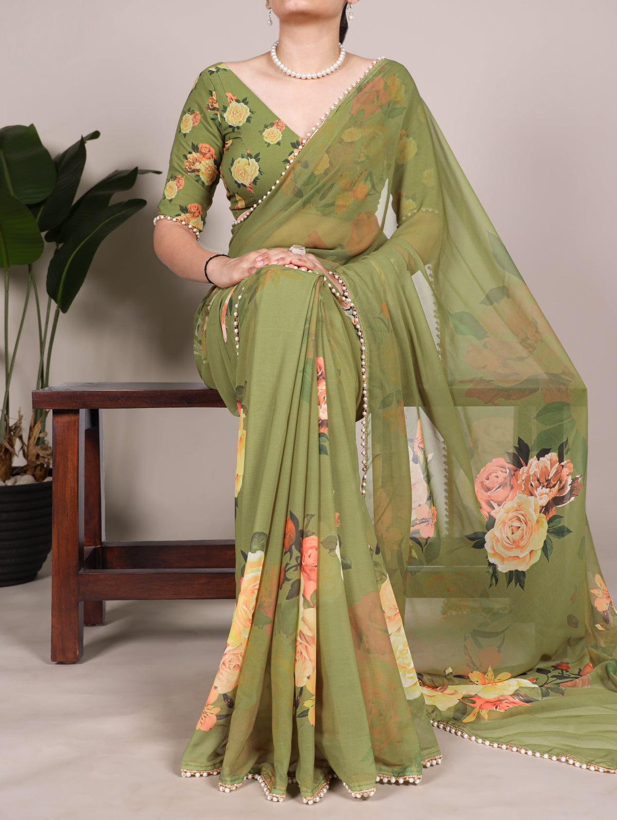 Georgette Floral Sarees with Pearl Lace Borders
