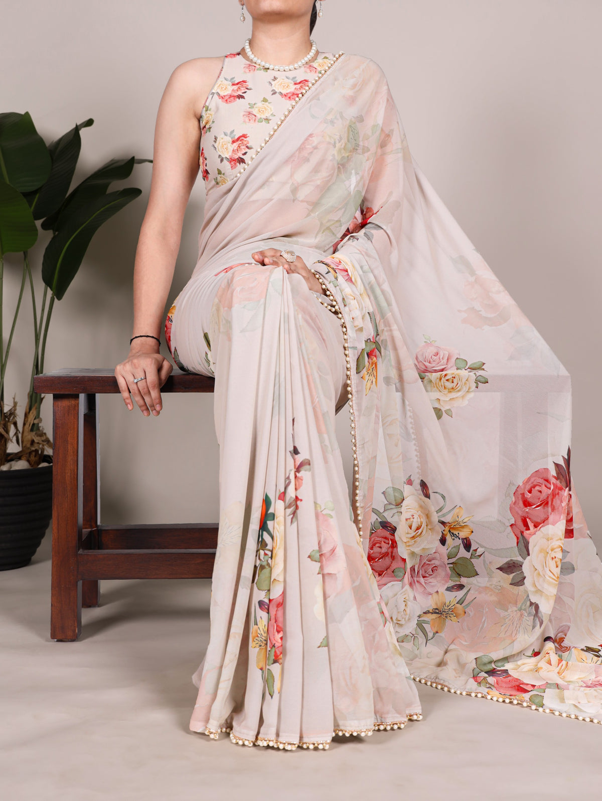Georgette Floral Sarees with Pearl Lace Borders