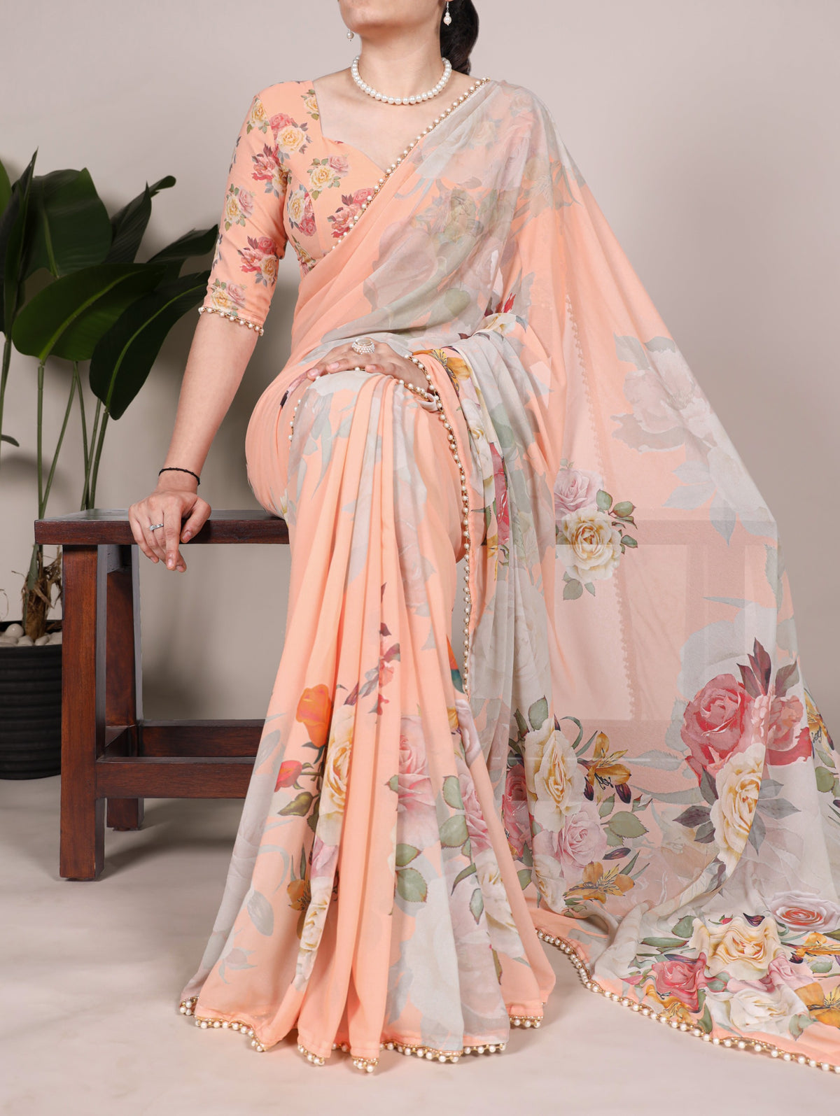Georgette Floral Sarees with Pearl Lace Borders