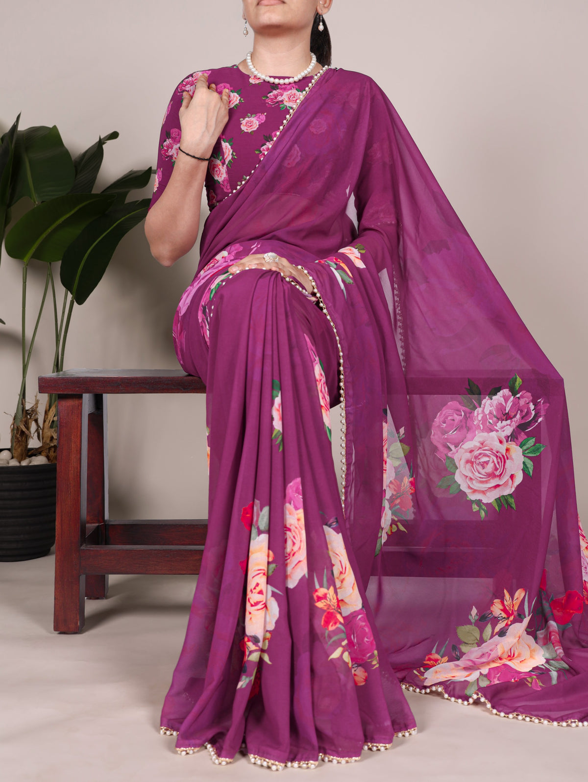 Georgette Floral Sarees with Pearl Lace Borders