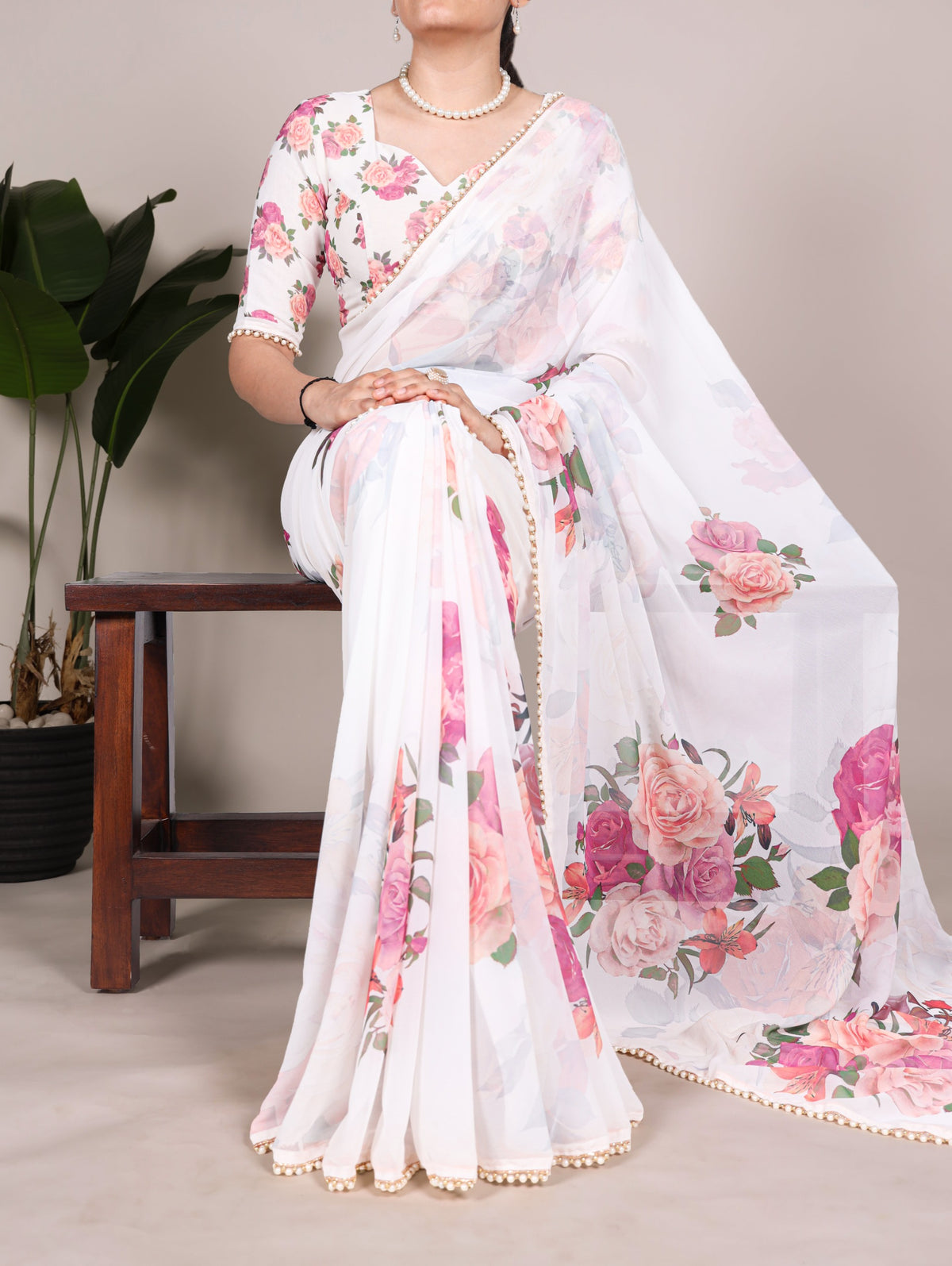 Georgette Floral Sarees with Pearl Lace Borders