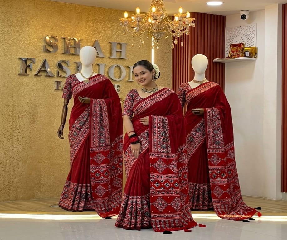 Ajrakh Semi Modal Crepe Silk Saree with Real Mirror Work