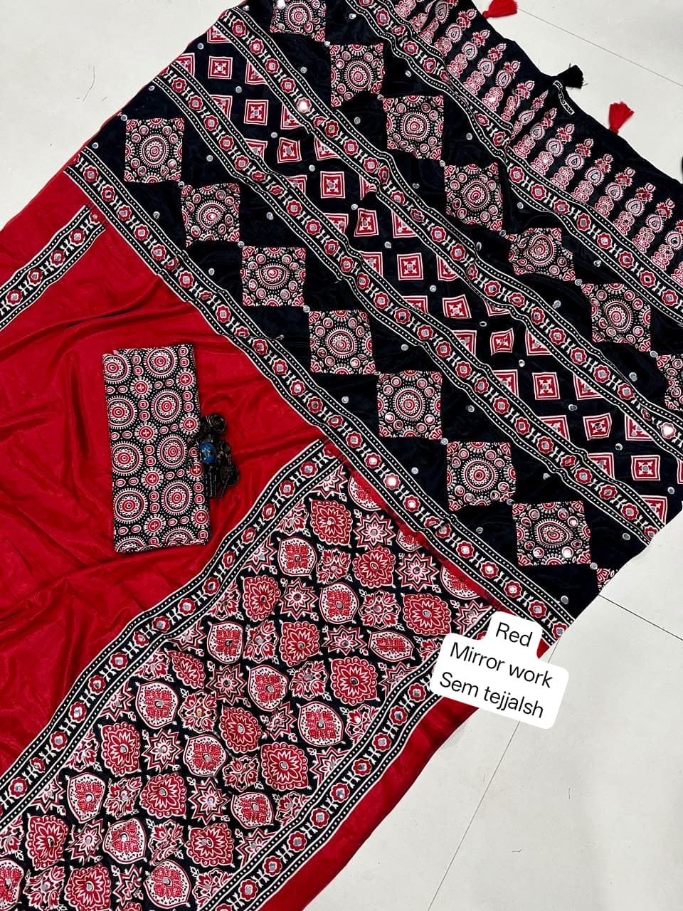 Ajrakh Semi Modal Crepe Silk Saree with Real Mirror Work