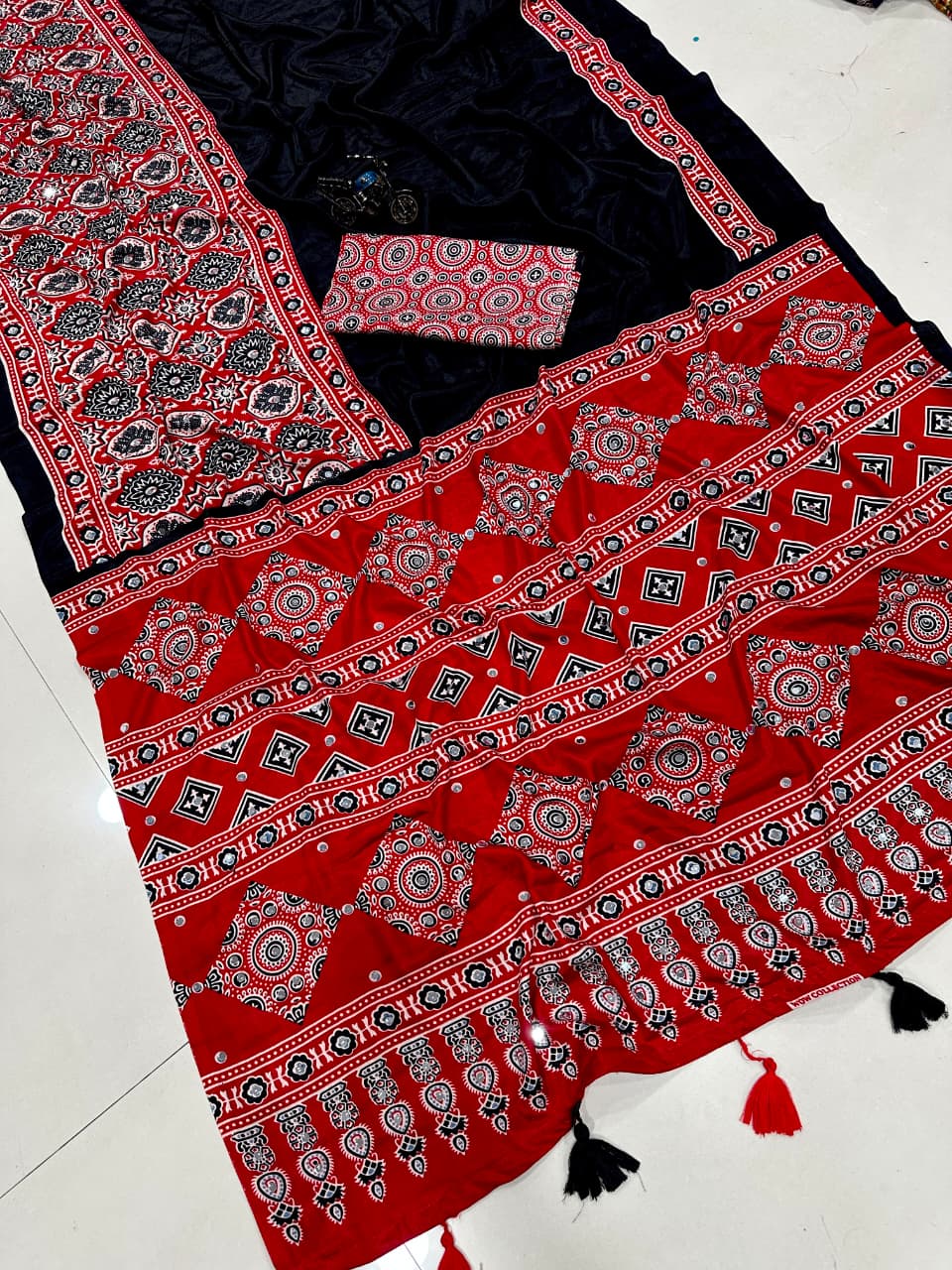Ajrakh Semi Modal Crepe Silk Saree with Real Mirror Work