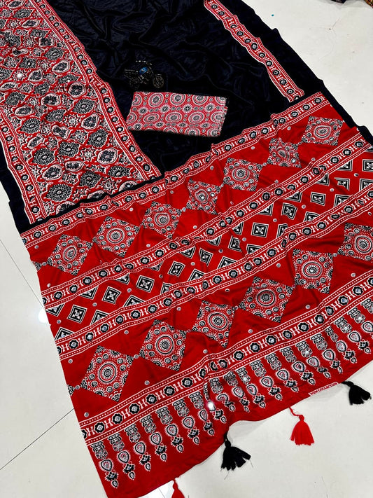 Ajrakh Semi Modal Crepe Silk Saree with Real Mirror Work