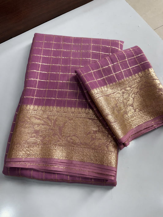 Viscose Georgette Zari Checked Saree with Viscose Zari Weaving Borders