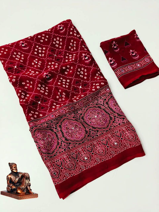 Checked Bandhini Sarees with Real Mirror Work