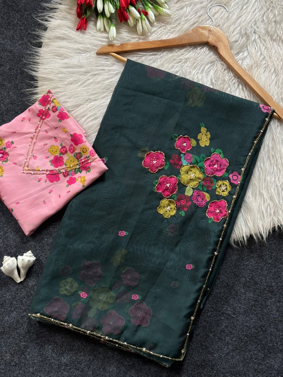 Soft Tabby Organza Silk Floral Sarees with Designer Cut Beadwork & Pearl Work