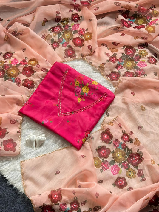 Soft Tabby Organza Silk Floral Sarees with Designer Cut Beadwork & Pearl Work