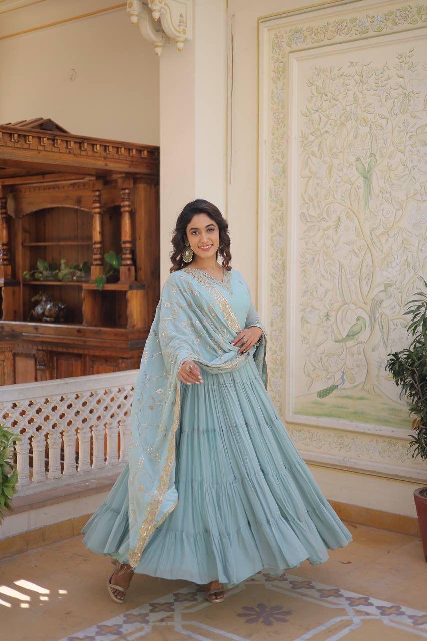 Georgette Sequin Embroidered Flared & Frilled Suits