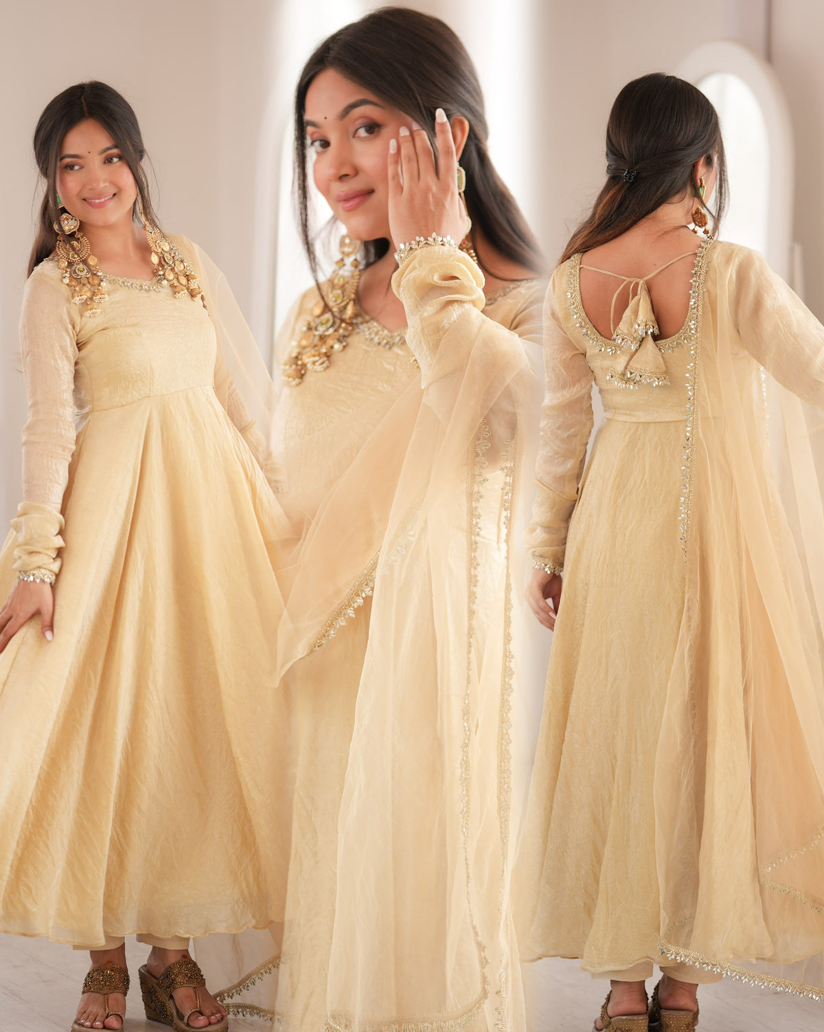 Readymade Crunchy Silk Flared Suits with Real Mirror Lace Borders