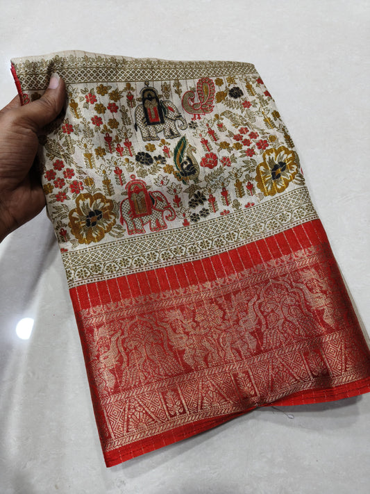 Rekko Silk Saree with All-Over Floral Design & Contrast Border - Red