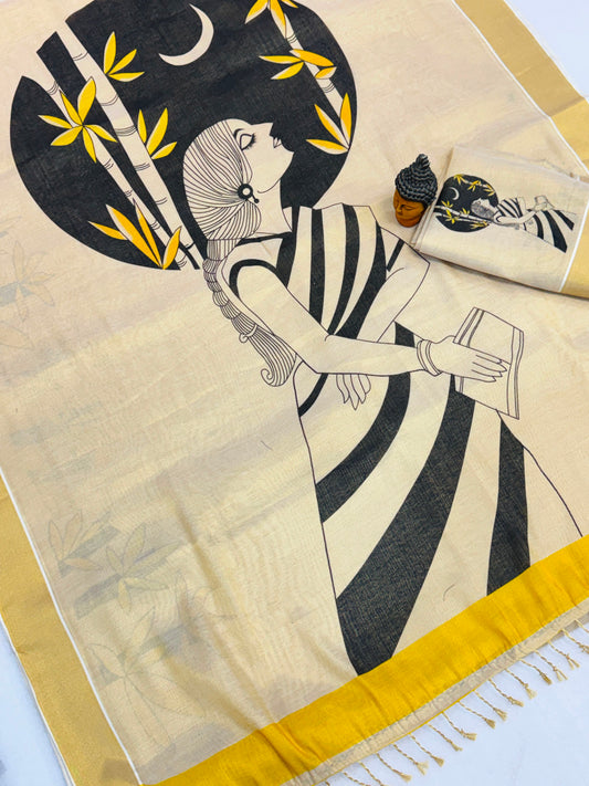Kerala Tissue Saree with Digital Motif Prints – ₹1100