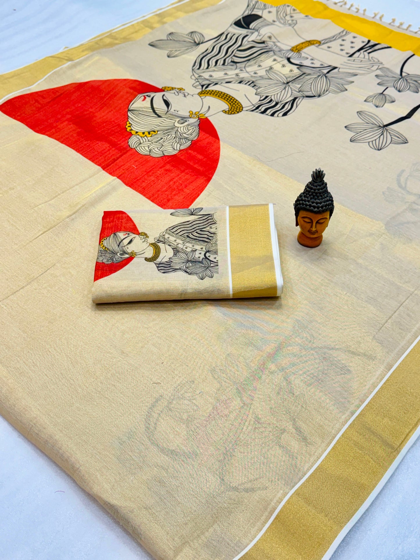 Kerala Tissue Saree with Digital Motif Prints – ₹1100