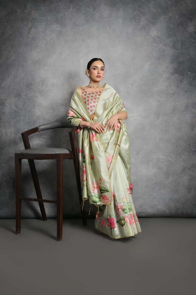 Semi Tussar Silk Floral Saree with Printed Running Blouse – ₹1050