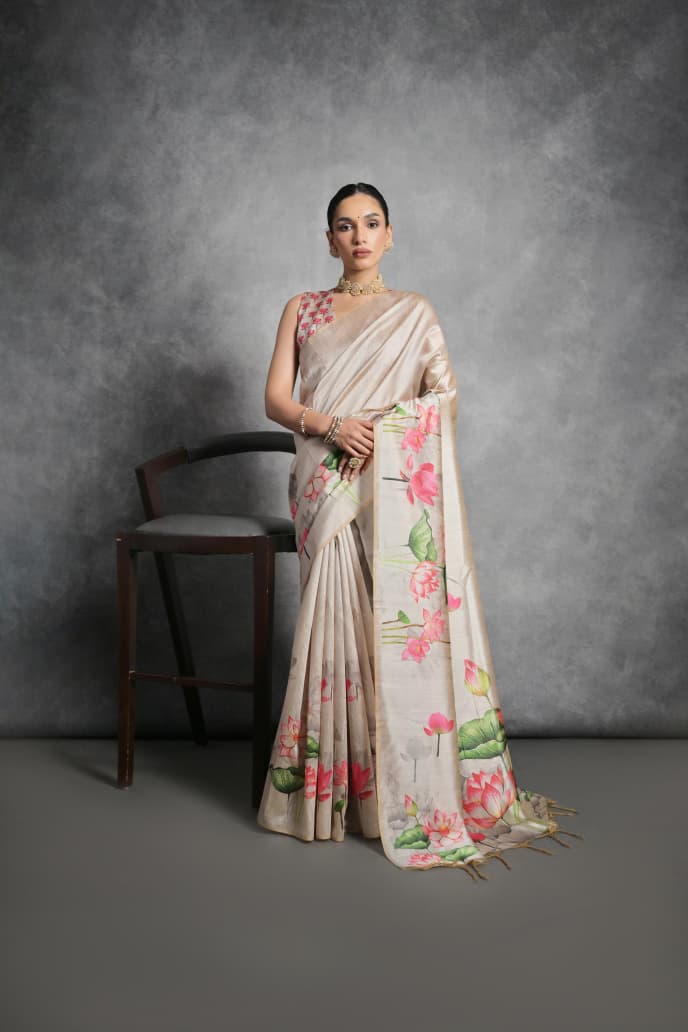 Semi Tussar Silk Floral Saree with Printed Running Blouse – ₹1050