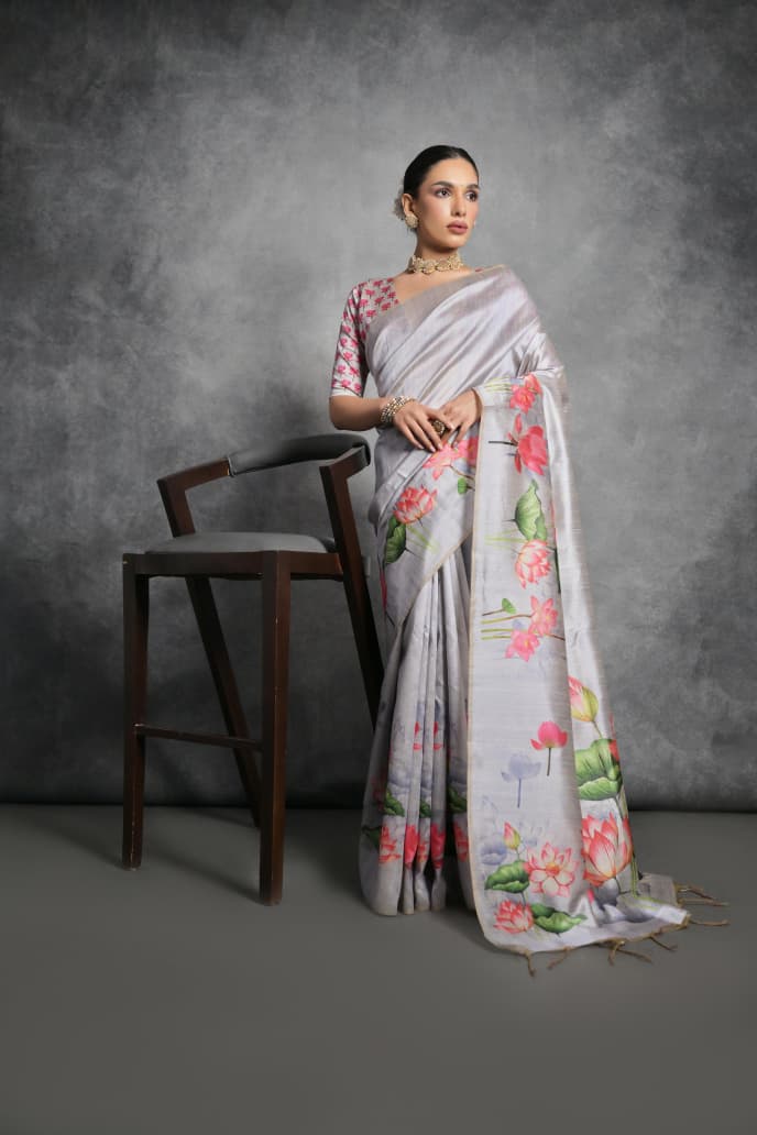 Semi Tussar Silk Floral Saree with Printed Running Blouse – ₹1050