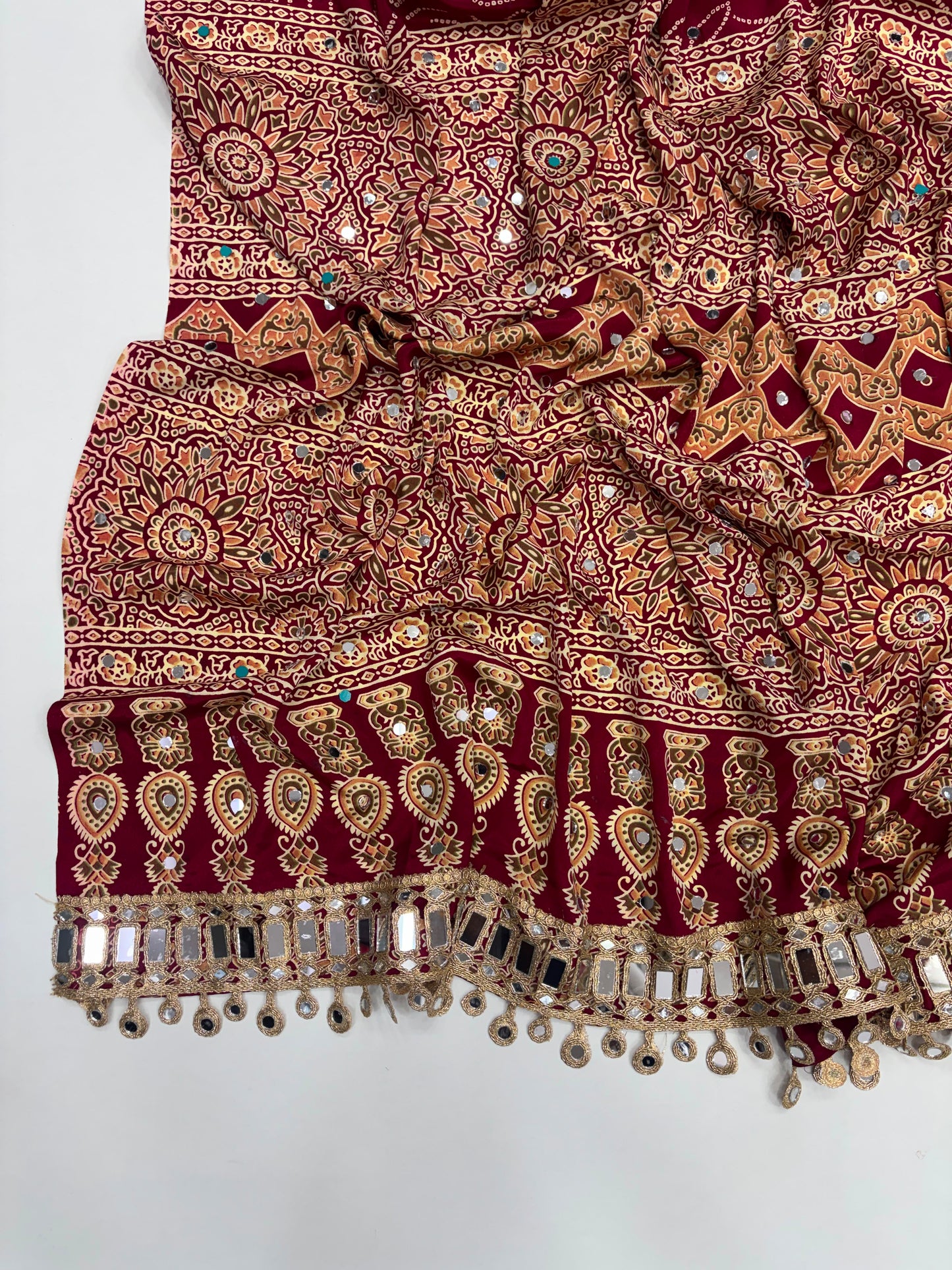 Ajrakh Crepe Silk Real Mirror Work Saree – ₹1399