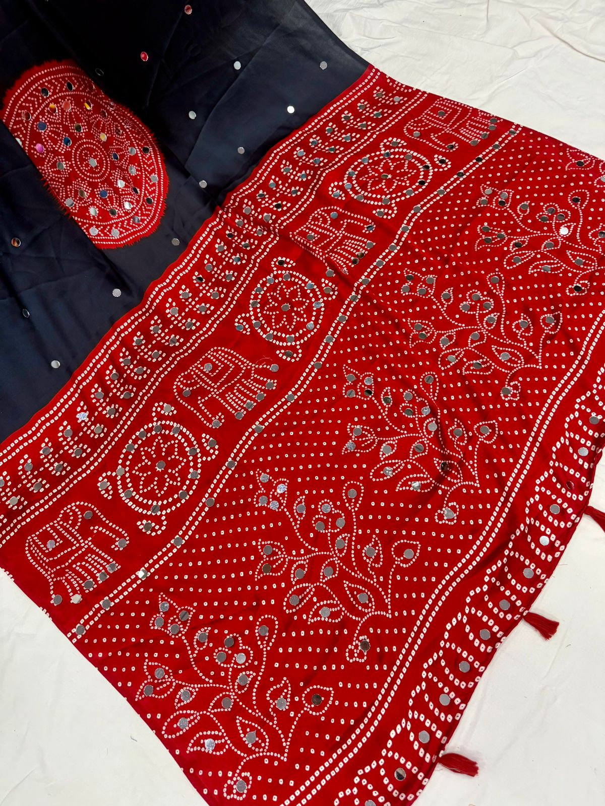 Ajrakh Crepe Silk Real Mirror Work Saree – ₹1399