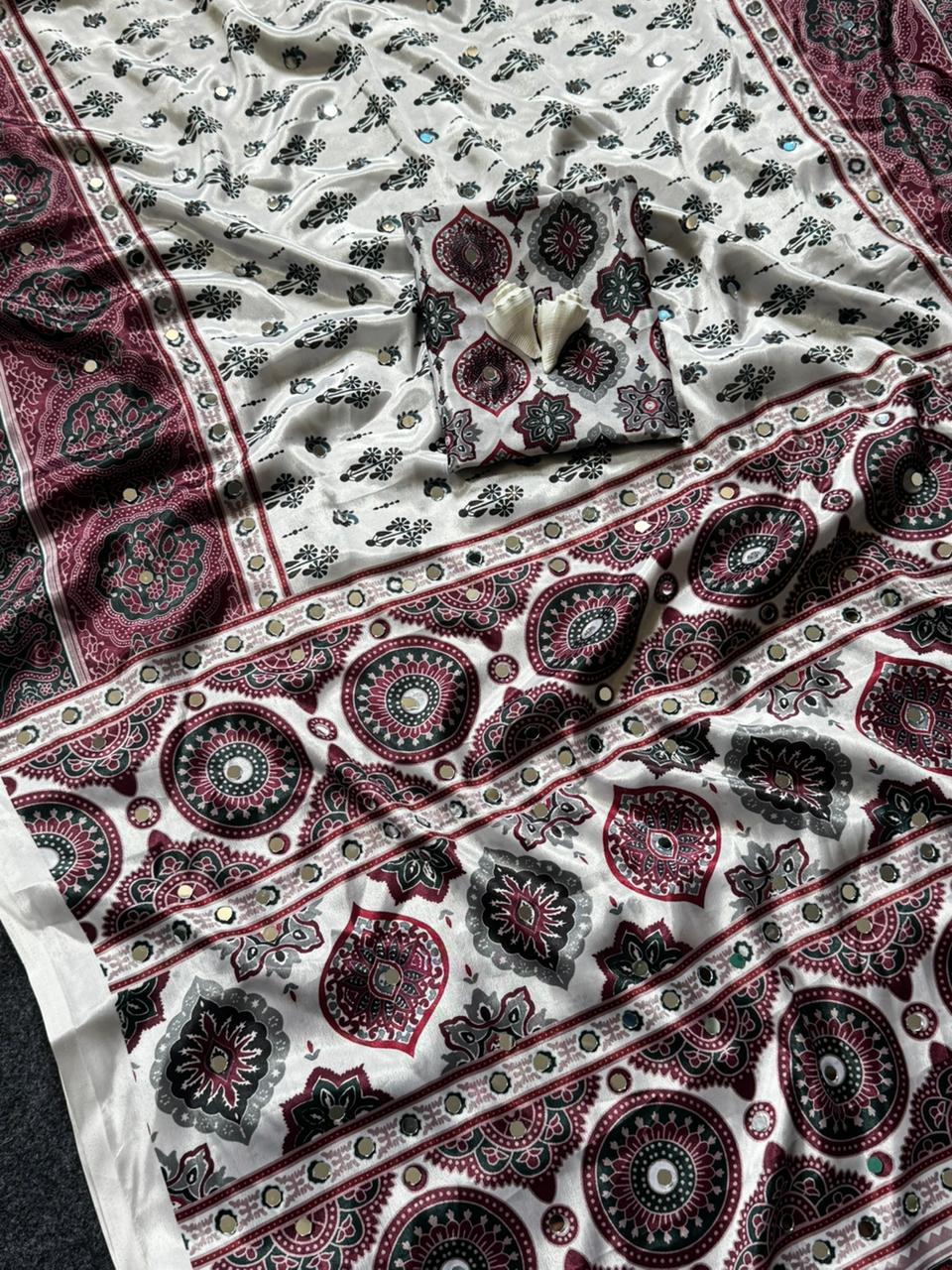 Ajrakh Crepe Silk Real Mirror Work Saree – ₹1399
