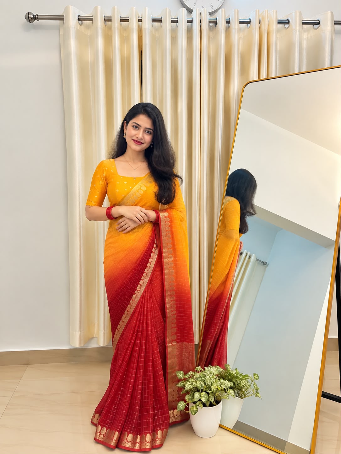 Viscose Georgette Zari Checked Saree with Viscose Zari Weaving Borders