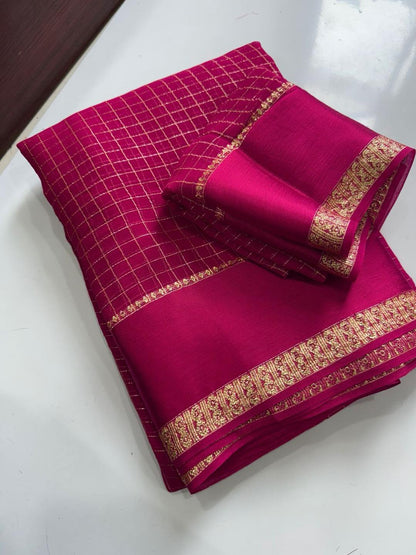 Georgette Viscose Checked Zari Weaving Sarees with Satin Patta Borders pink