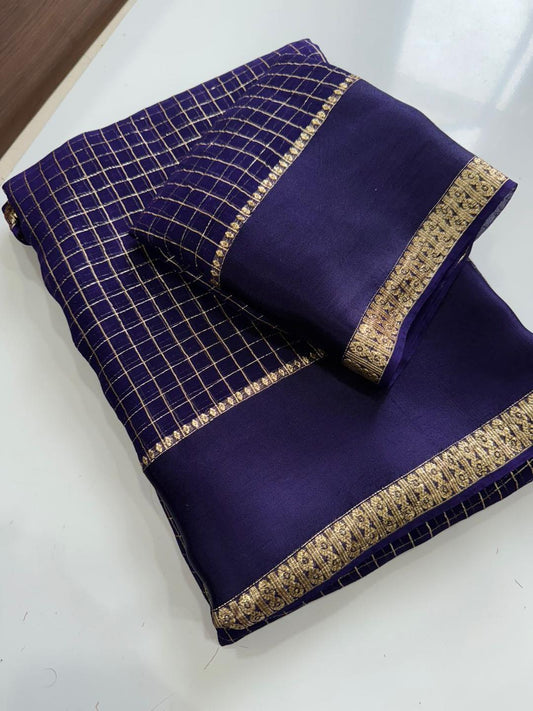 Georgette Viscose Checked Zari Weaving Sarees with Satin Patta Borders blue