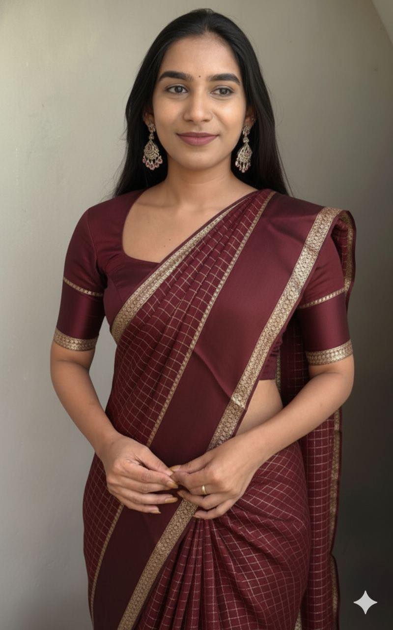 Georgette Viscose Checked Zari Weaving Sarees with Satin Patta Borders  Brown