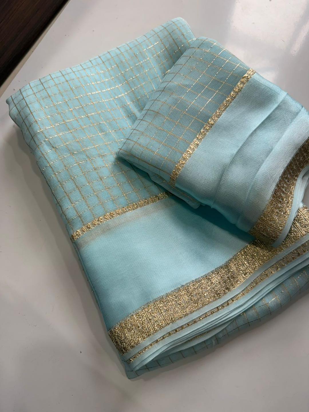 Georgette Viscose Checked Zari Weaving Sarees with Satin Patta Borders b3