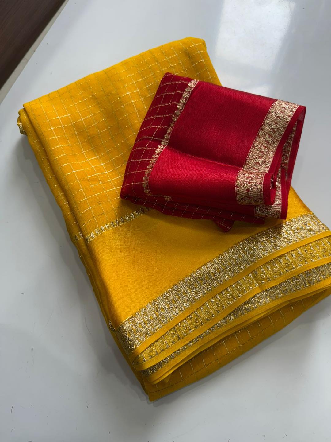 Georgette Viscose Checked Zari Weaving Sarees with Satin Patta Borders yellow