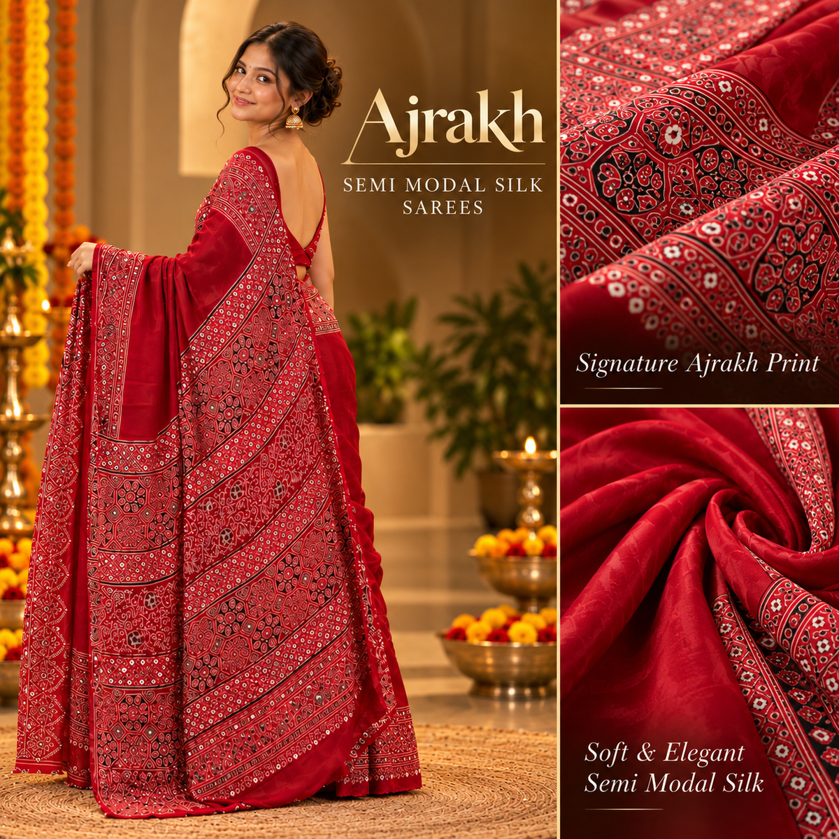Ajrakh Semi Modal Silk Saree