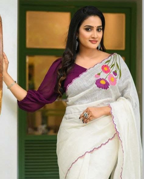 Satranga MG346 Plain Linen Saree with Digital Print & Cutwork Border