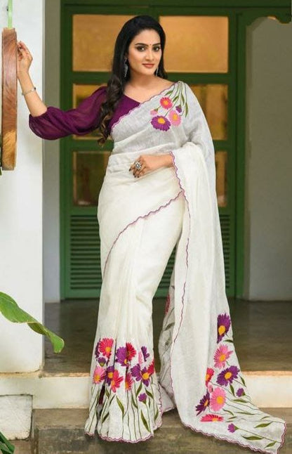 Satranga MG346 Plain Linen Saree with Digital Print & Cutwork Border